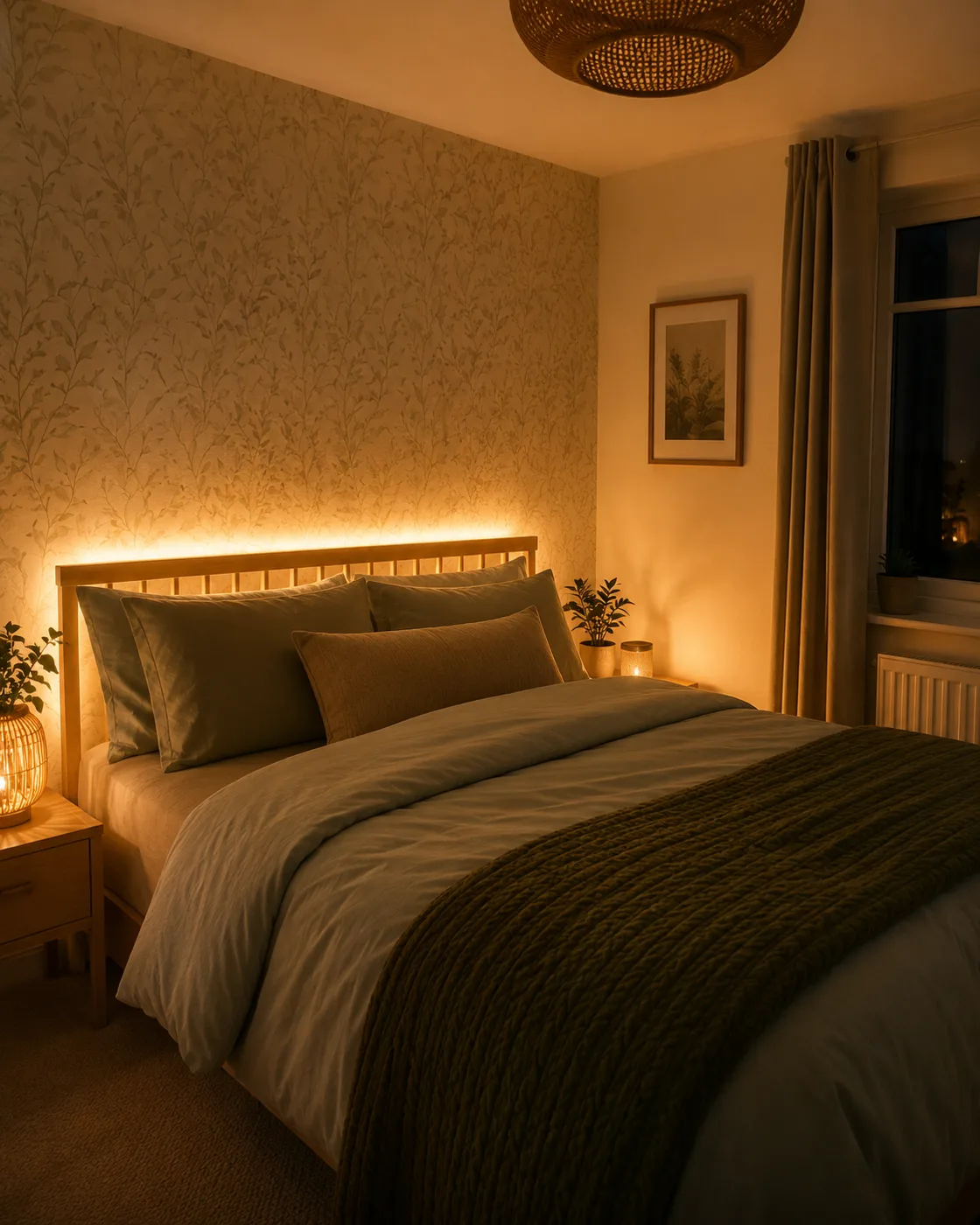 LED strip lights behind headboard giving warm amber glow in bedroom