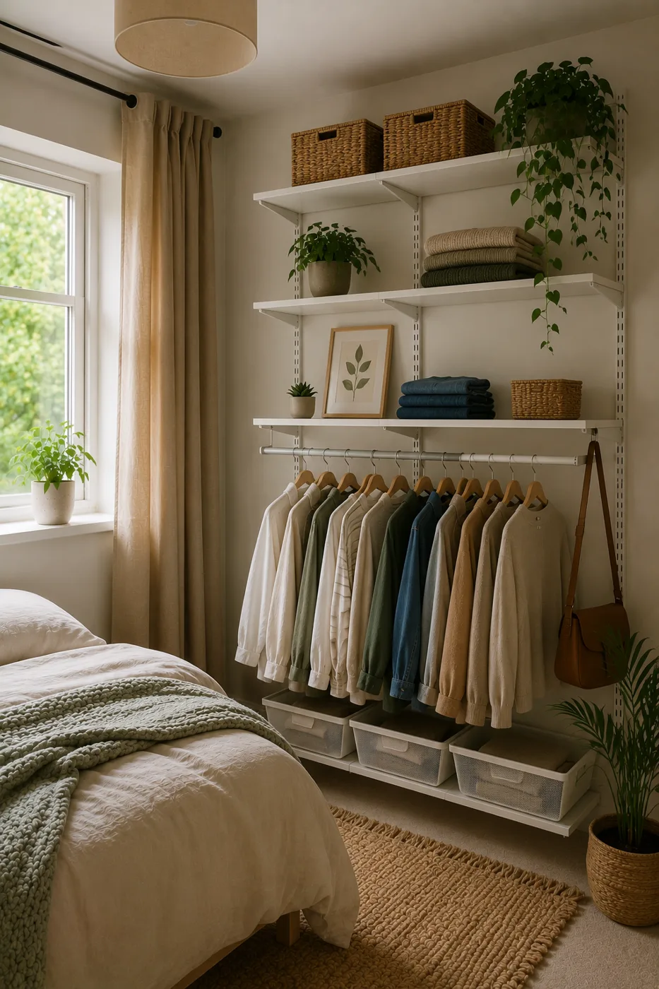 IKEA Algot wall storage system with shelves and hanging rail for clothes