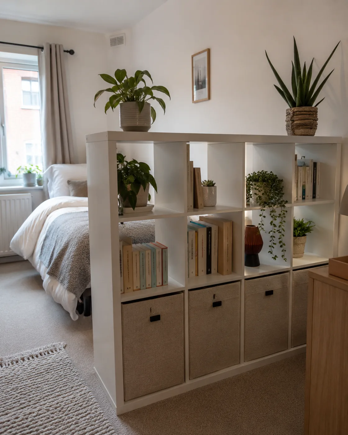 IKEA Kallax shelving unit used as room divider with plants and books