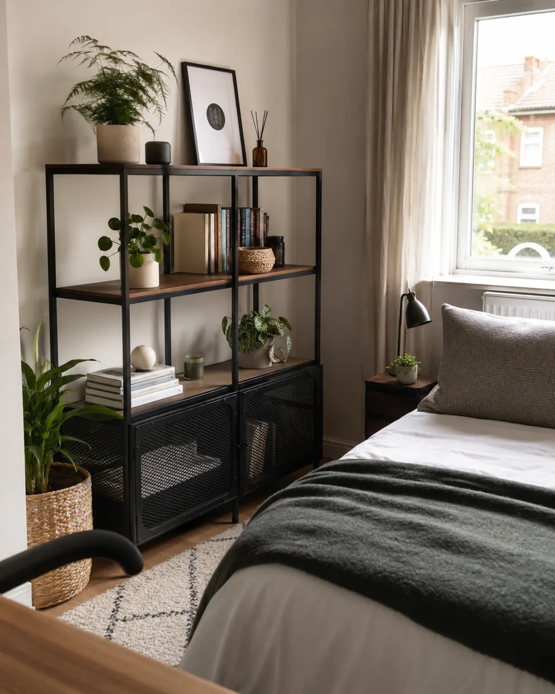 IKEA Fjällbo black shelving unit beside bed with plants and books