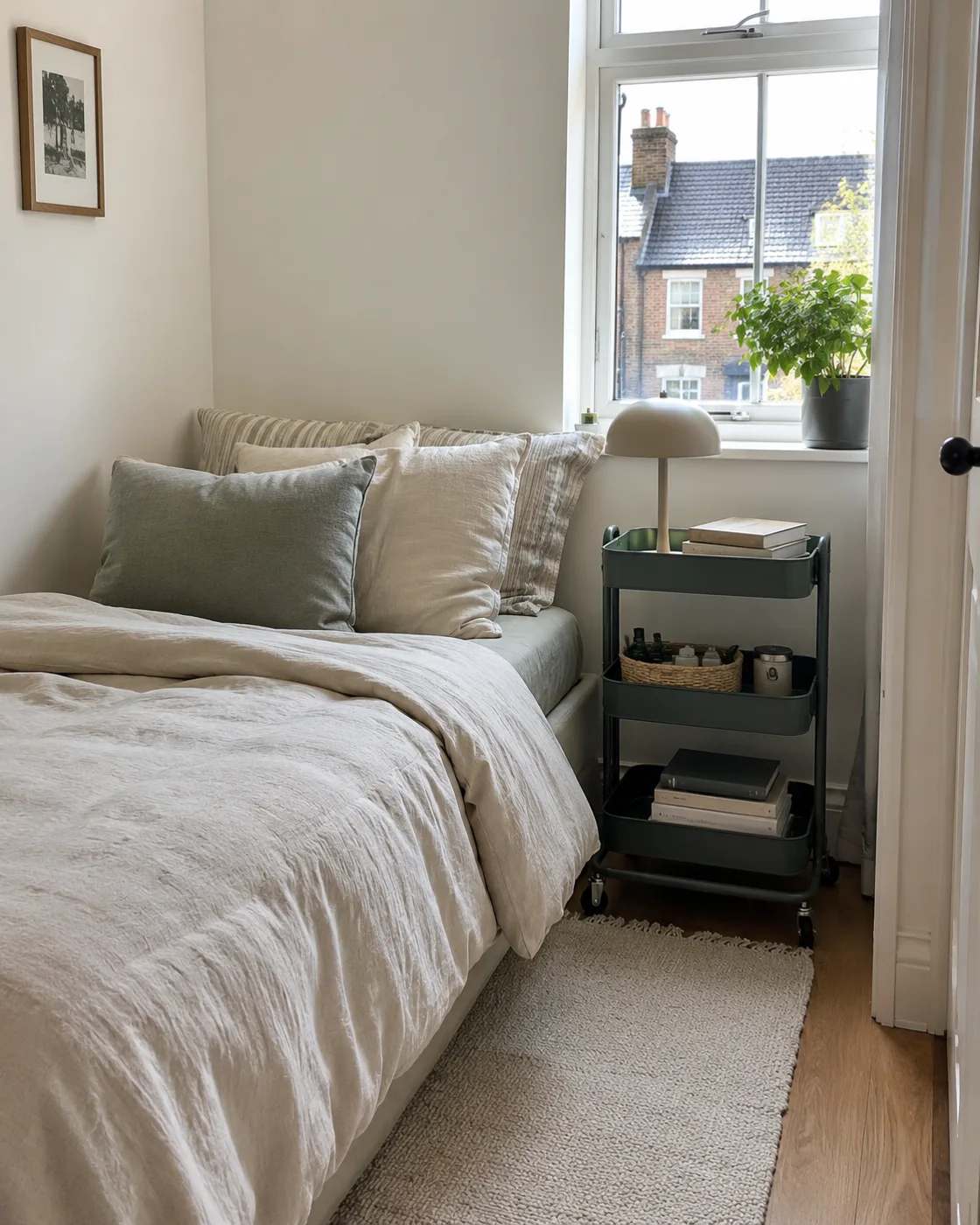 IKEA Råskog trolley used as bedside storage with books and lamp