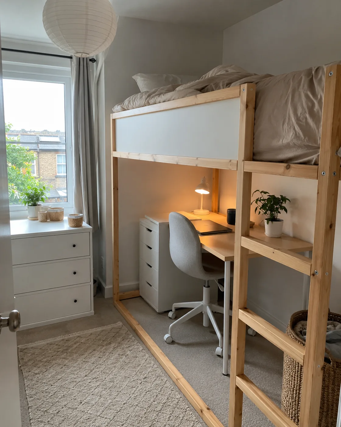IKEA Kura loft bed with desk underneath in small bedroom