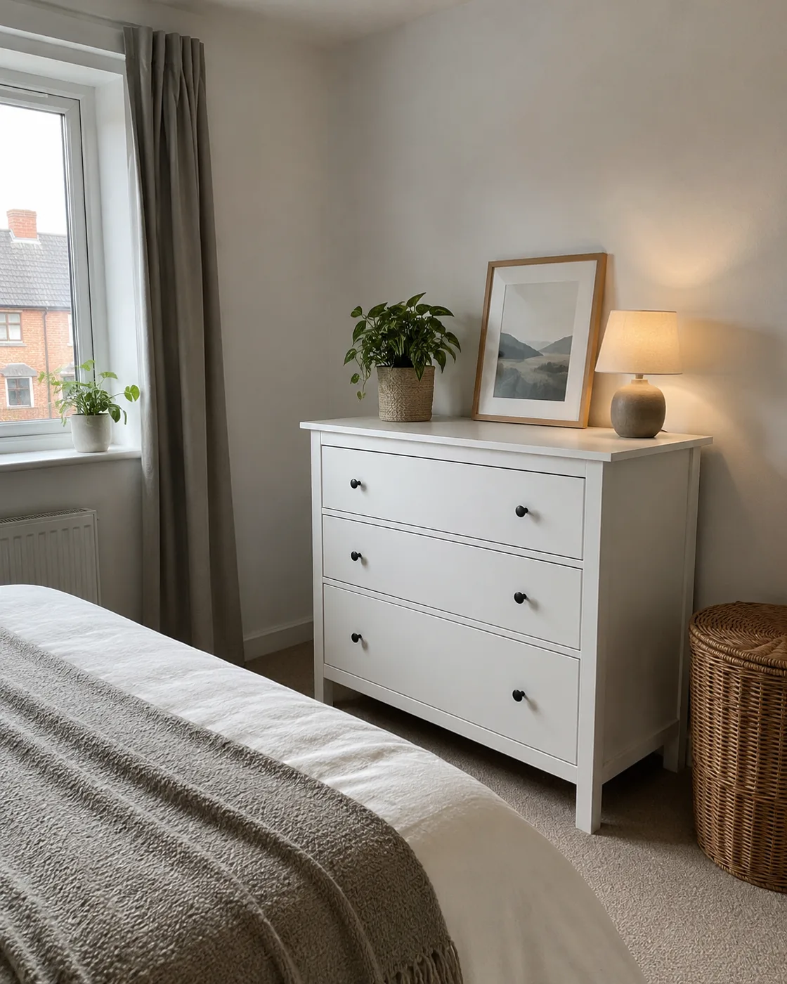 IKEA Hemnes chest of drawers with plant lamp and framed print