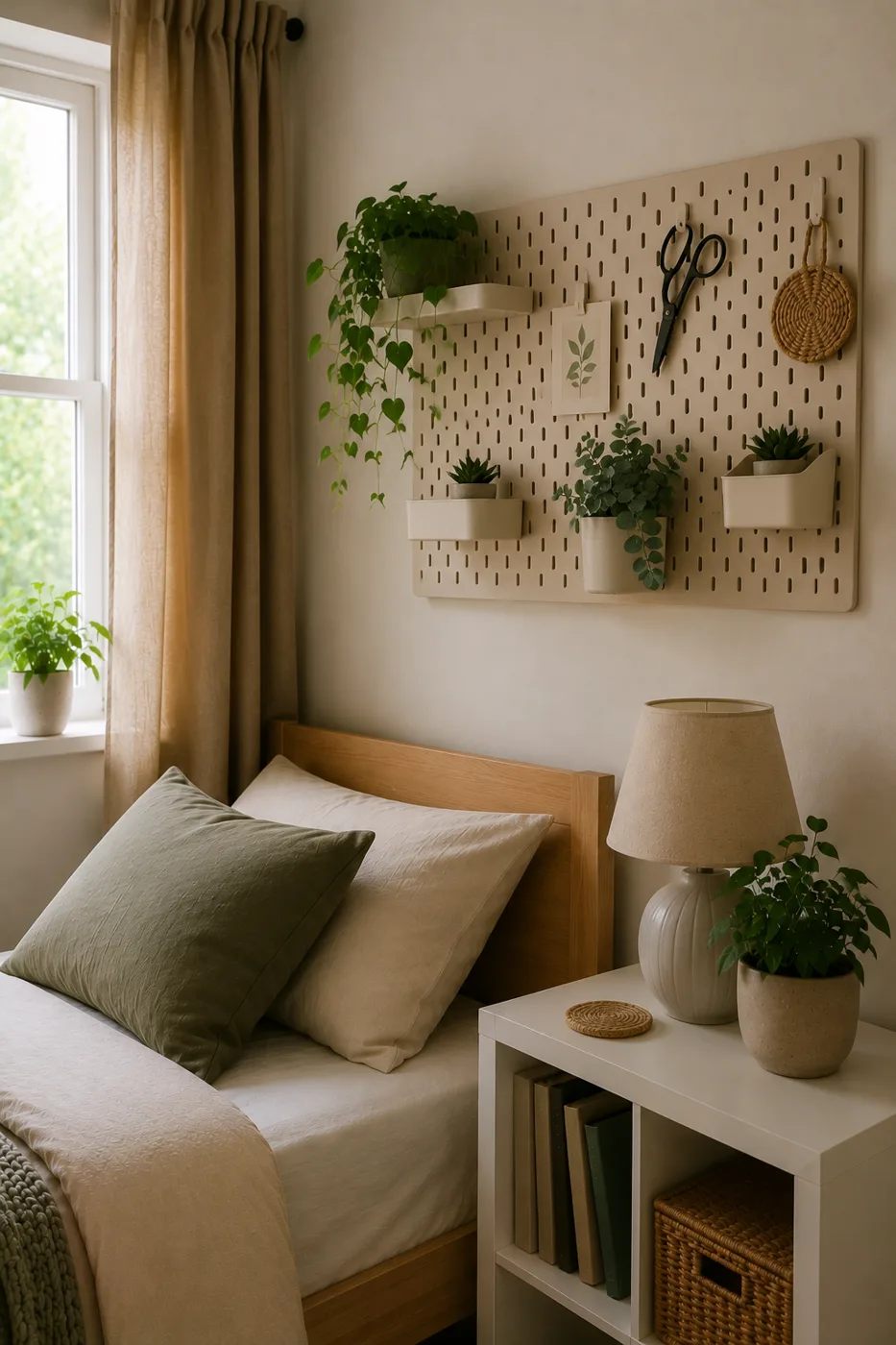 IKEA Skadis pegboard on bedroom wall with hooks and storage