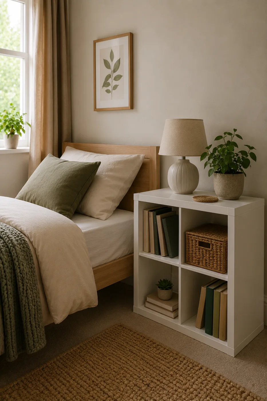 IKEA Kallax cube used as bedside table with lamp and books