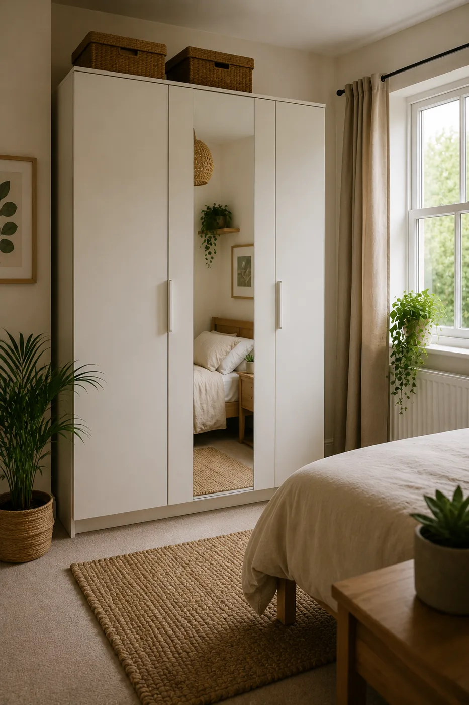 IKEA PAX wardrobe with mirror door in small bedroom