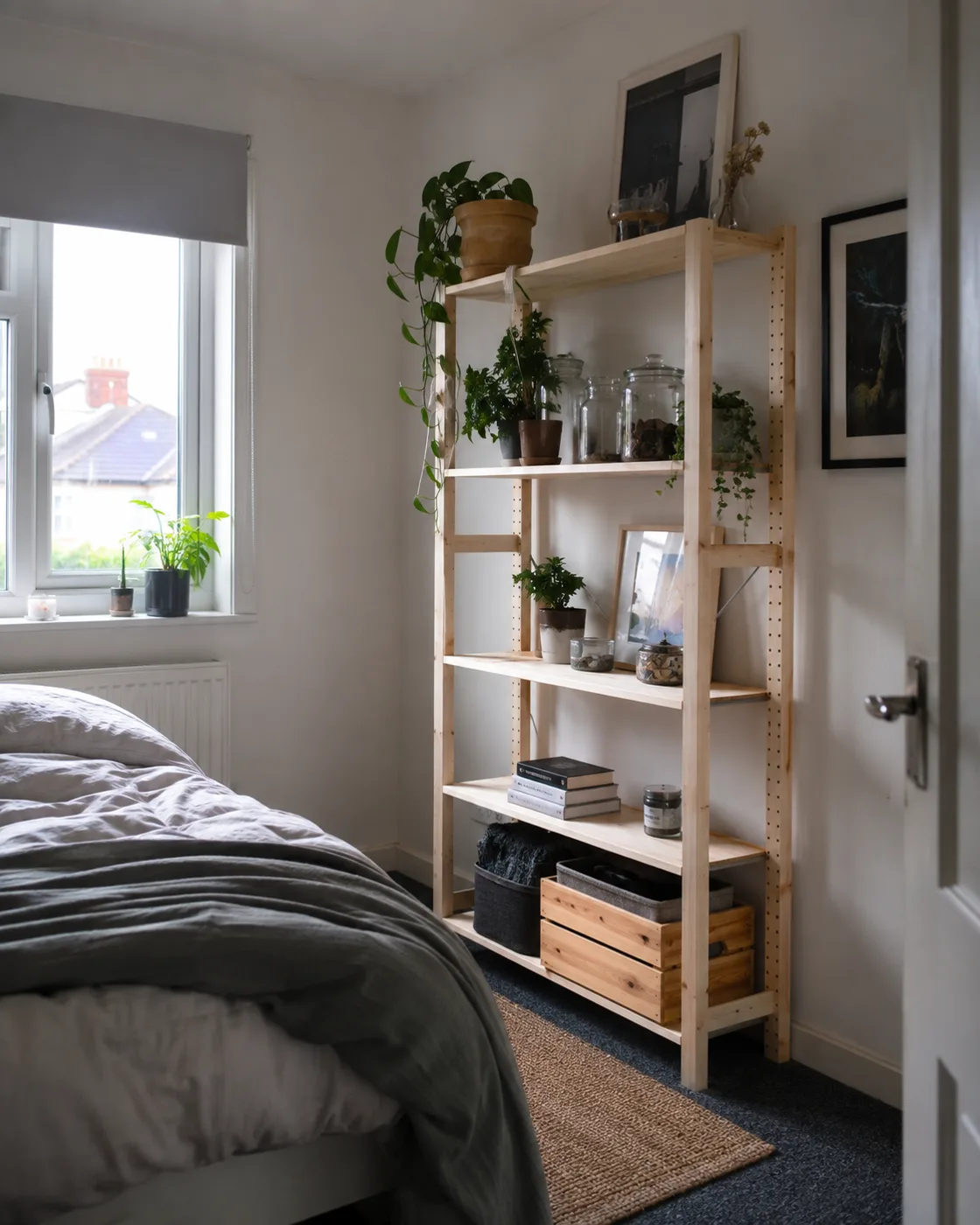 IKEA Fjällbo shelving unit with plants books and decorative items