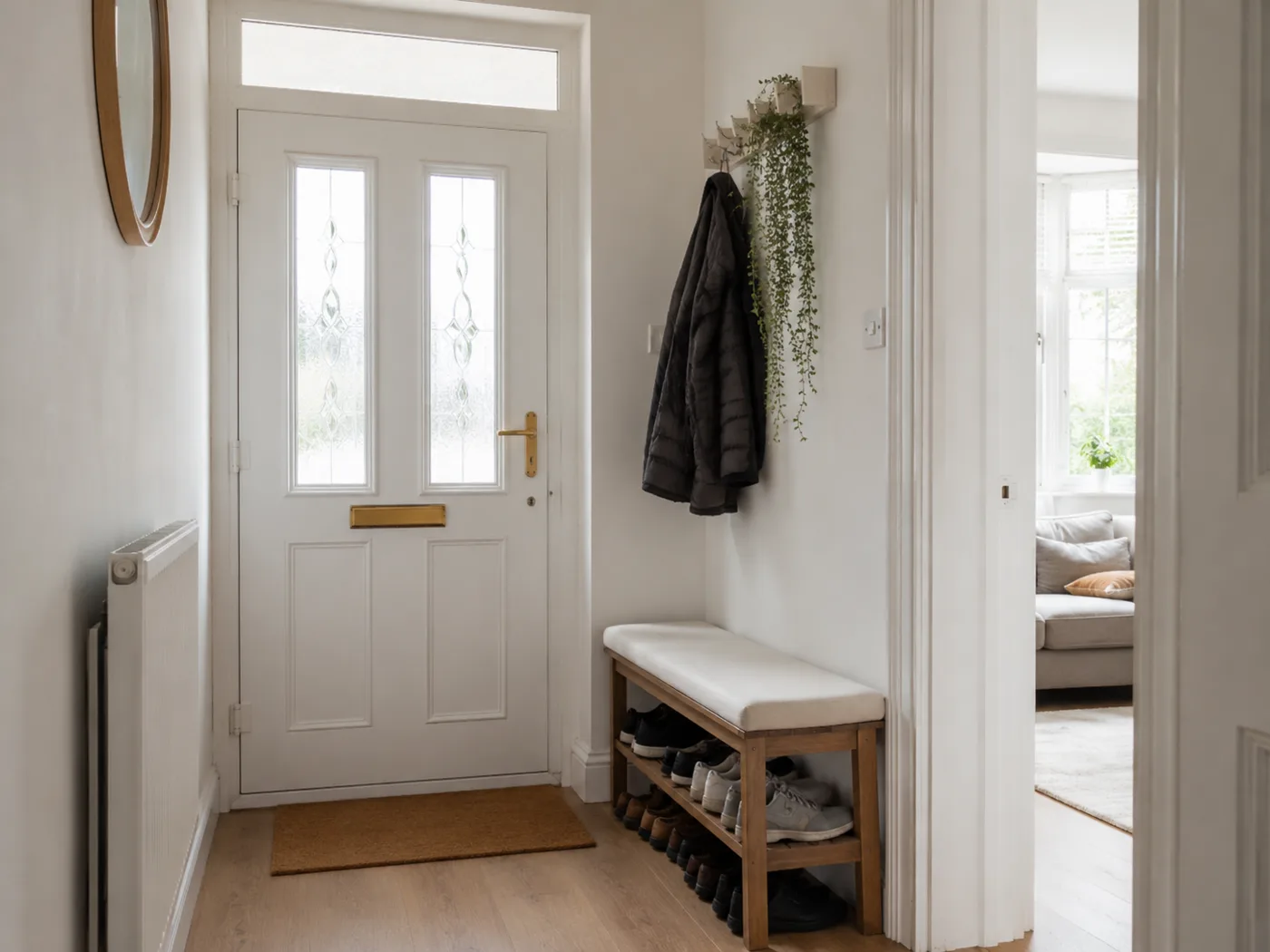 Small hallway bench with shoe storage underneath beside front door