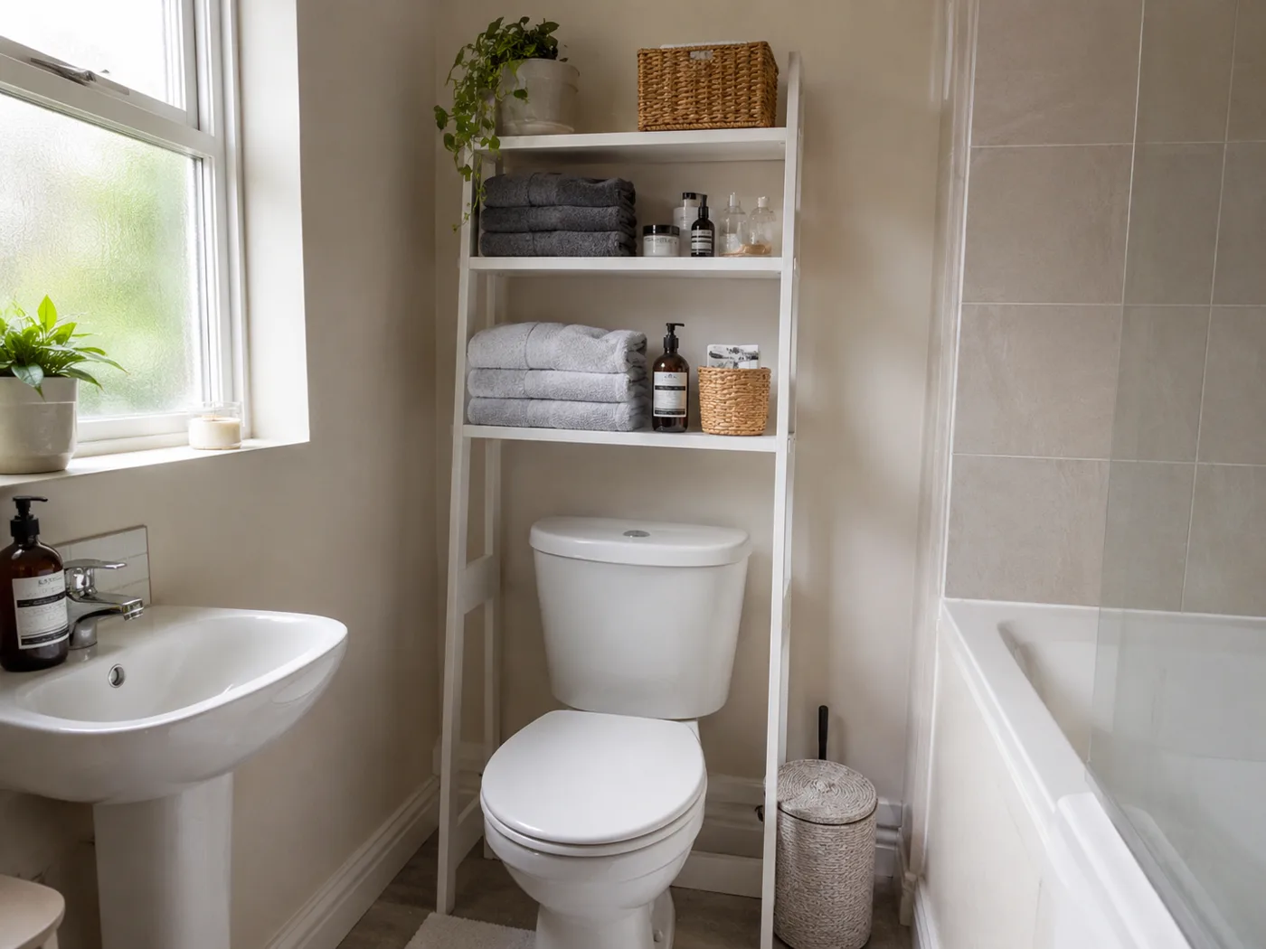 Freestanding over-toilet shelf unit with towels and toiletries