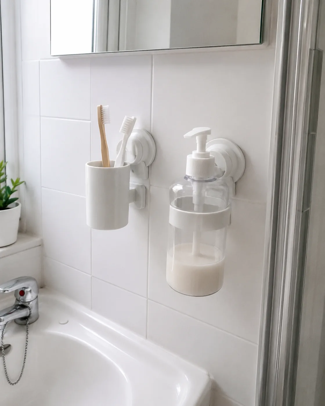 Suction cup soap dispenser and toothbrush holder on bathroom tiles