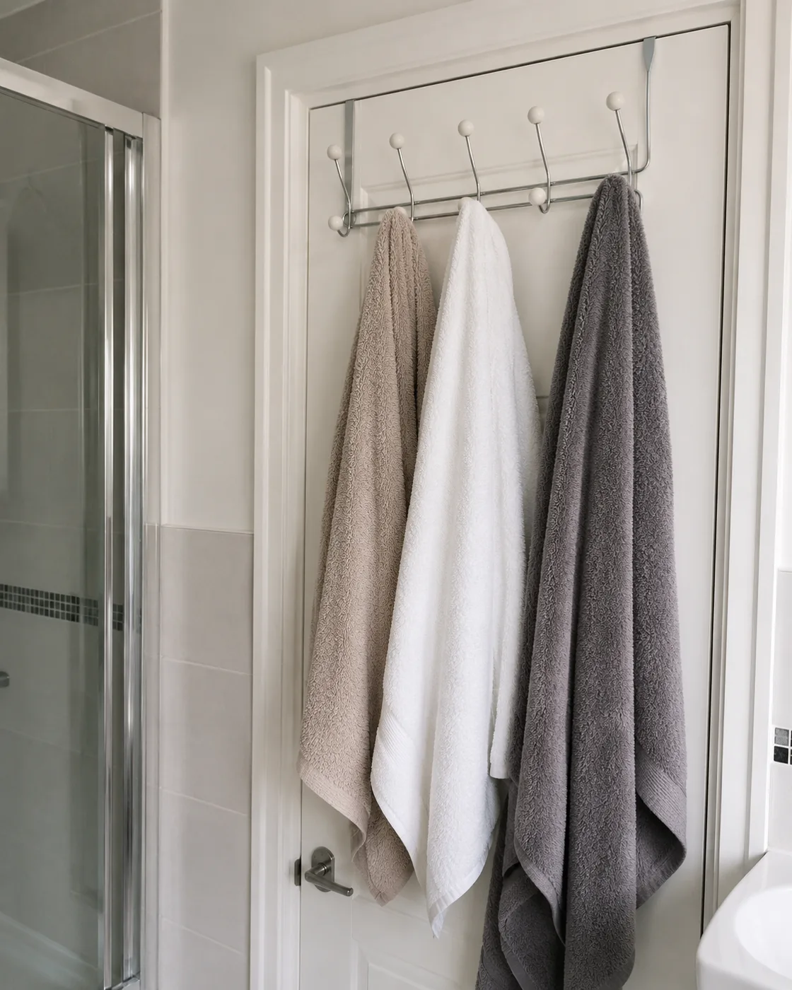 Over-door hook organiser with towels hanging on bathroom door
