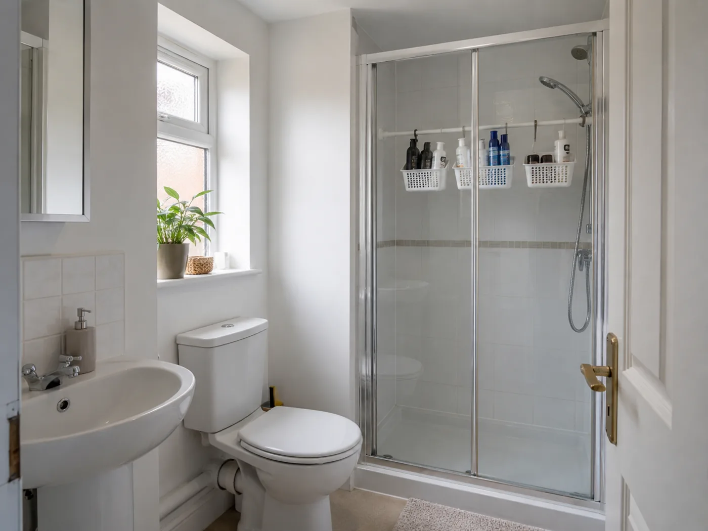 Tension rod with hanging baskets inside shower cubicle