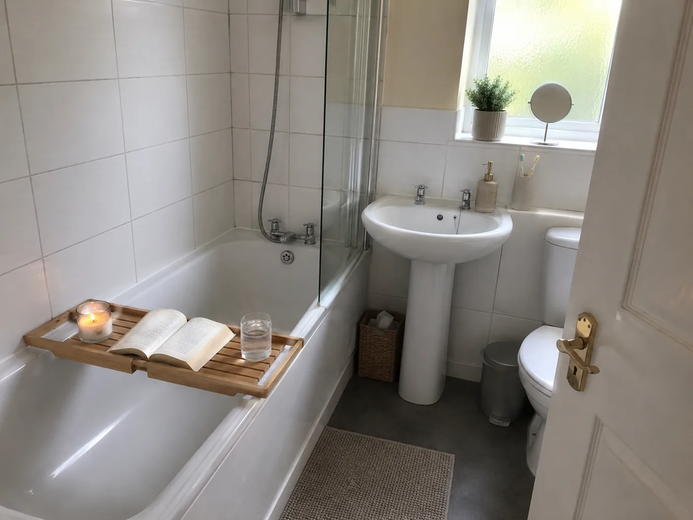 Wooden bath caddy across bathtub with candle and book