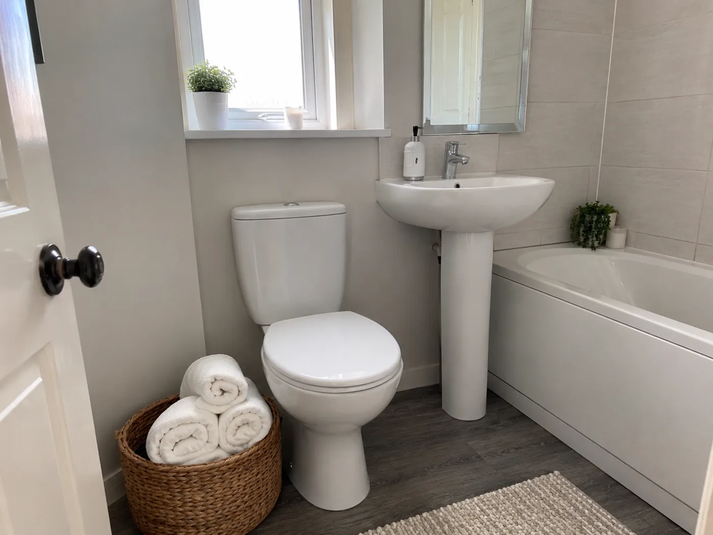 Wicker basket on bathroom floor with rolled white towels
