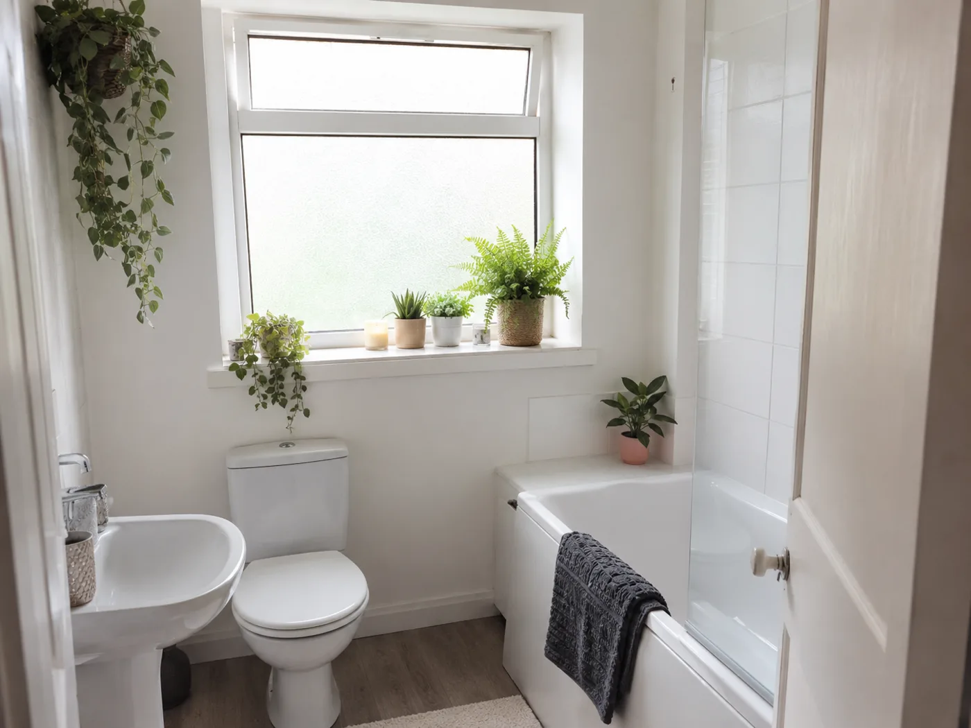 Bathroom window sill with small potted plants and candles