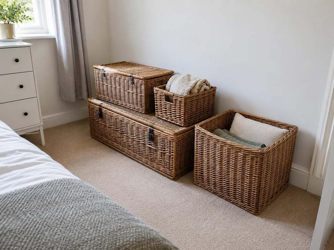 Wicker storage baskets stacked against bedroom wall
