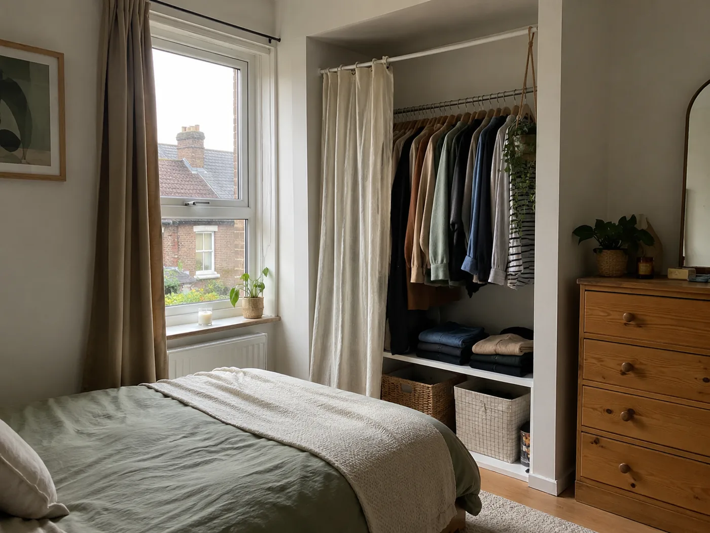 Tension rod with linen curtain used as wardrobe divider in alcove