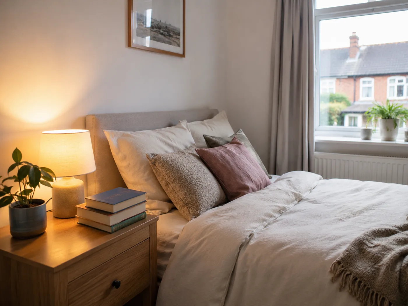 Bedside table with warm table lamp, stacked books and small plant
