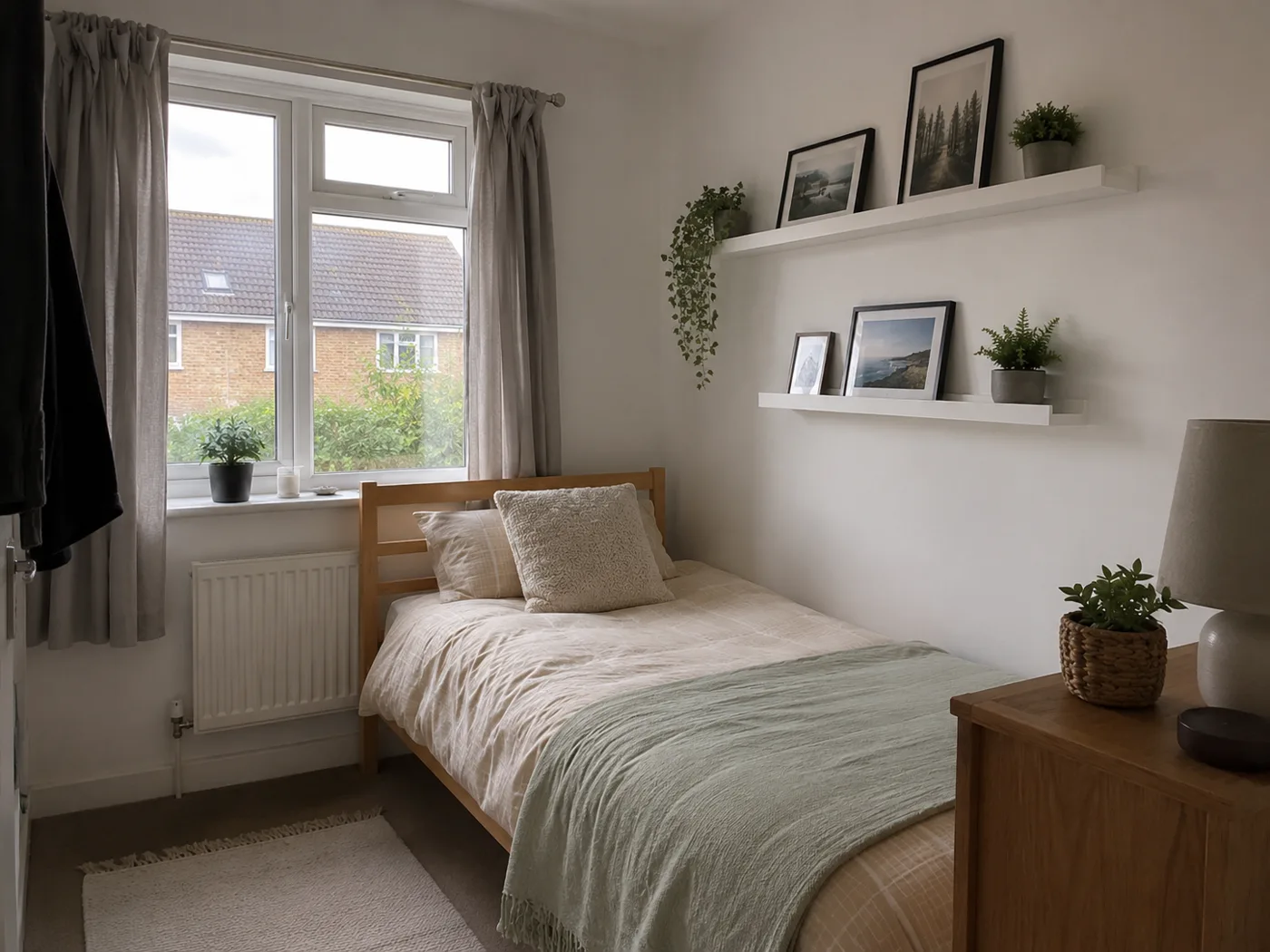 Picture ledge shelves with framed prints and trailing plants