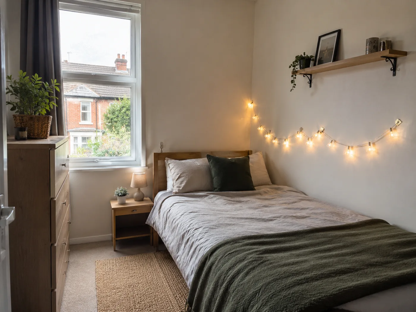 Fairy lights hung above bed using adhesive clips with shelf above
