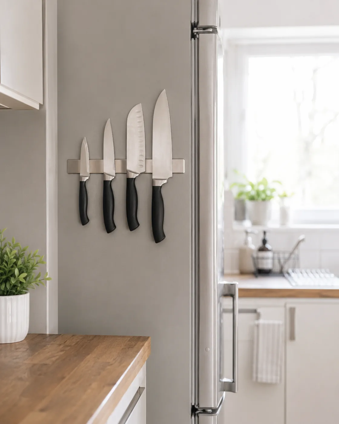 Magnetic knife strip mounted on kitchen wall holding knives