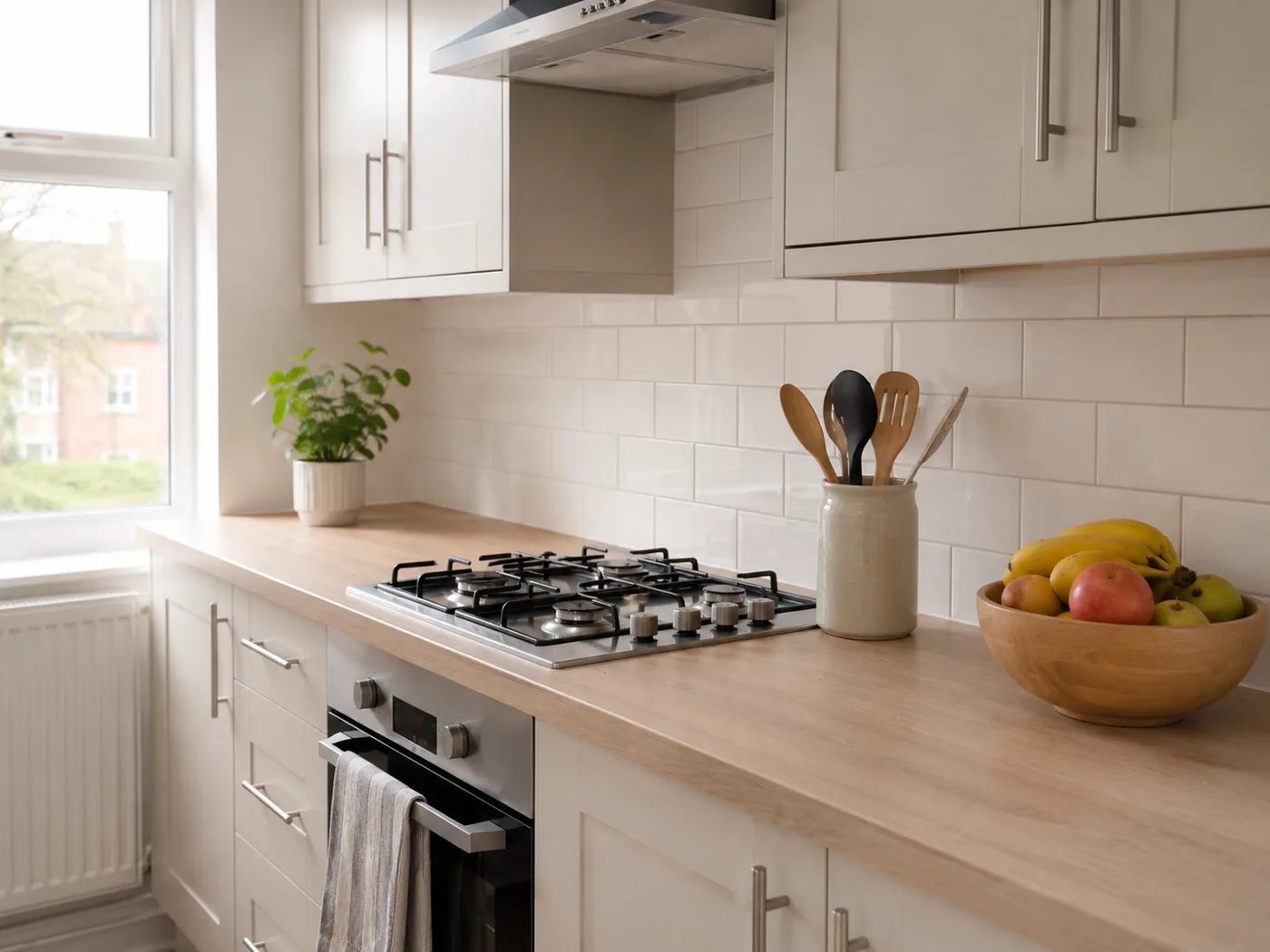 Clean kitchen countertop with wooden fruit bowl and ceramic utensil holder