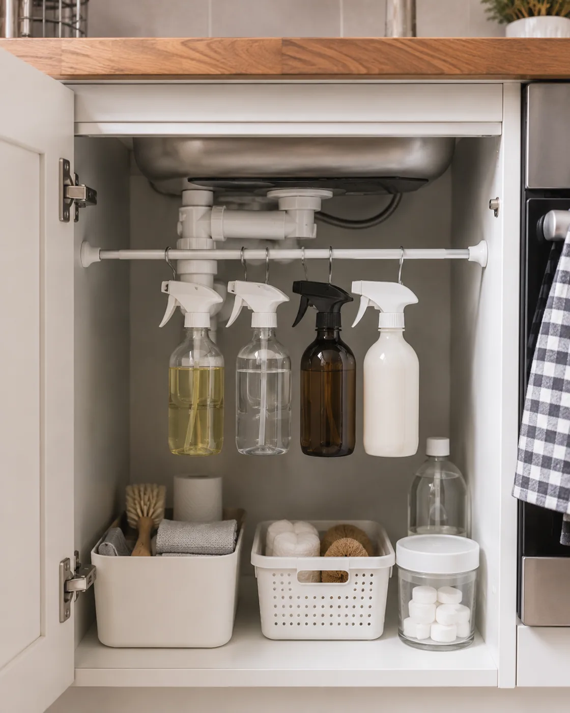 Tension rod under kitchen sink with hanging spray bottles