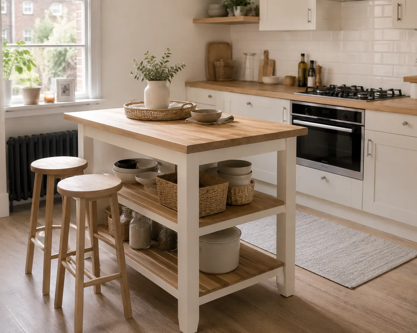 Freestanding kitchen island with storage and bar stools