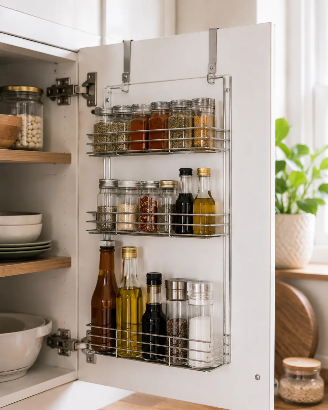 Over-door spice rack organiser on kitchen cupboard door