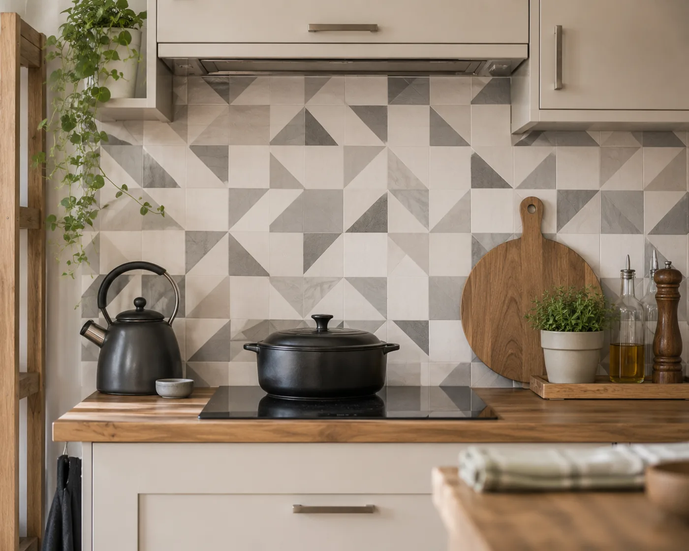 Peel-and-stick geometric splashback tiles behind kitchen hob