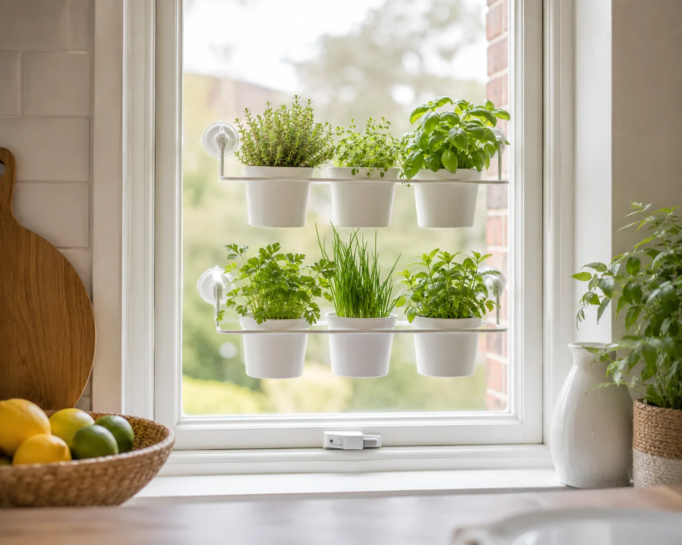 Kitchen window with small herb pots growing on the sill