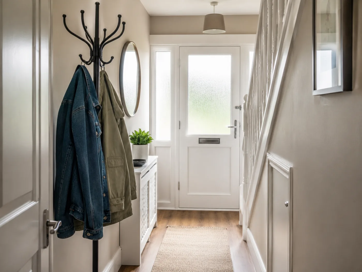 Freestanding coat rack with jackets in hallway