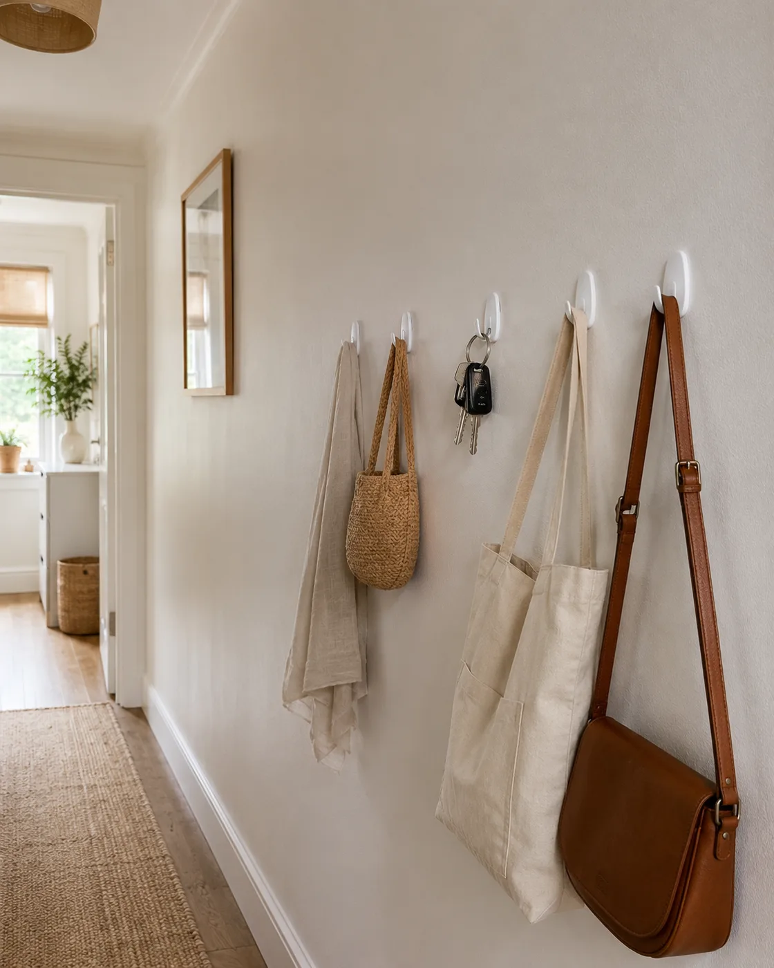Adhesive hooks on hallway wall with bags hanging