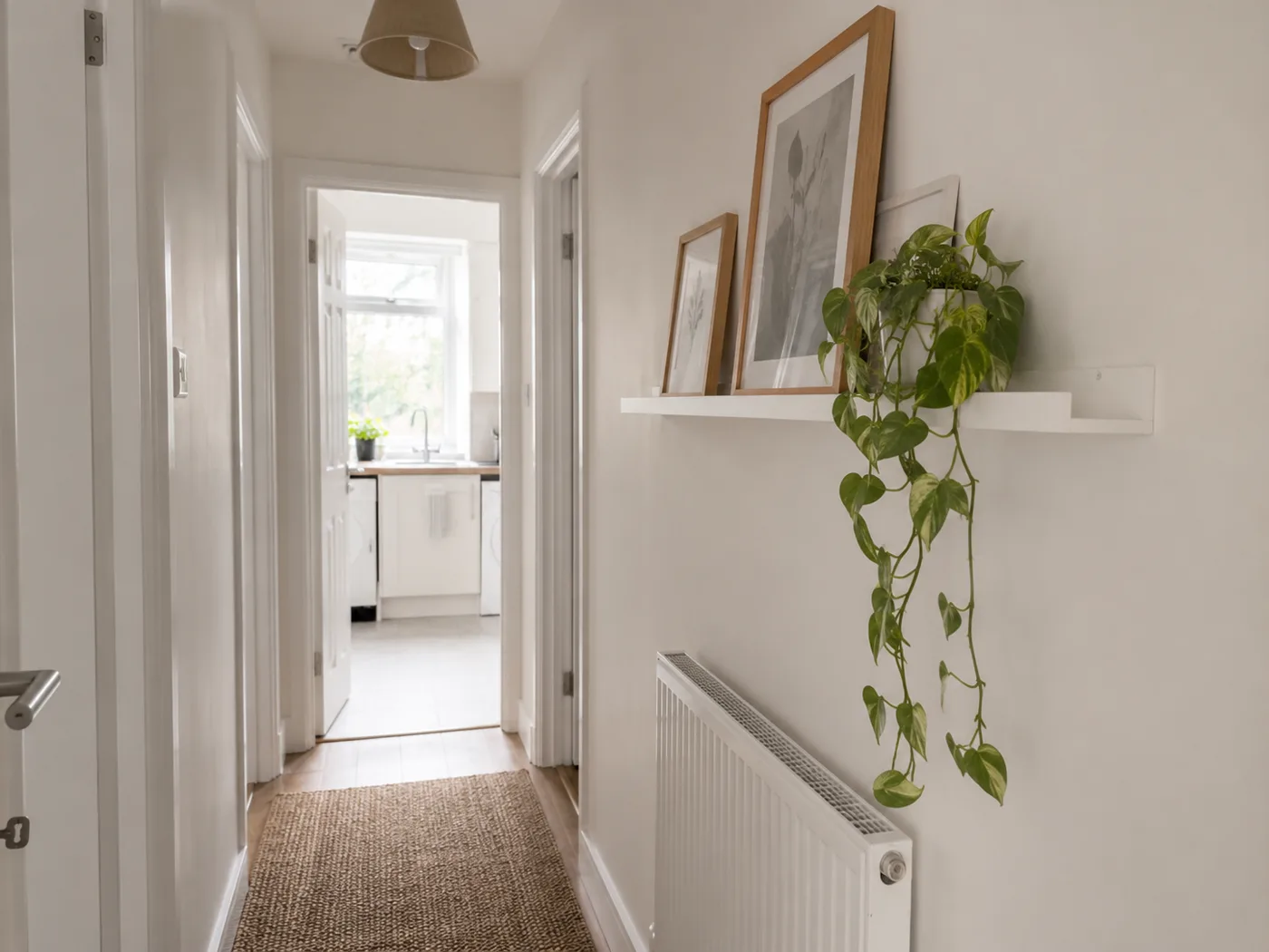 Adhesive picture ledge shelf with framed prints and trailing plant in hallway