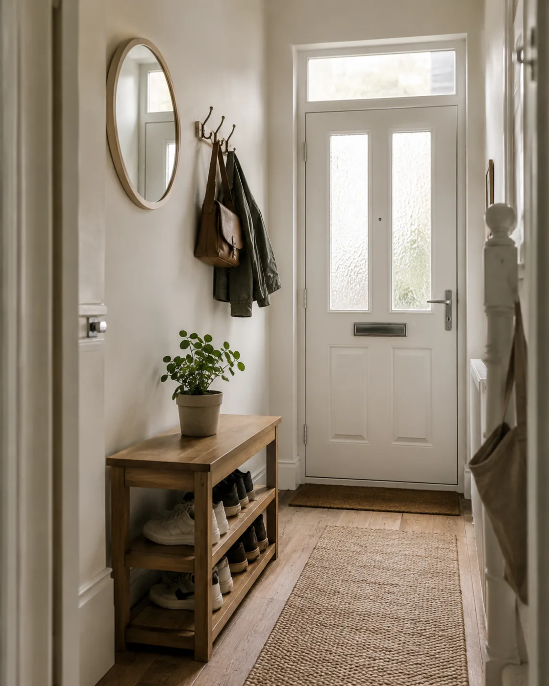 Hallway shoe bench with storage underneath beside front door
