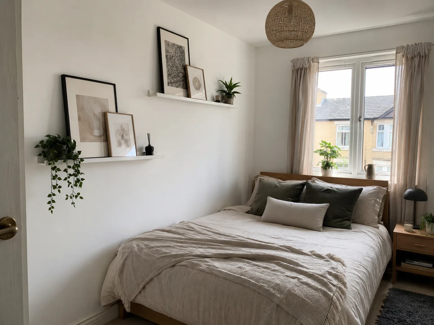 Picture ledge shelves with framed art leaning against wall