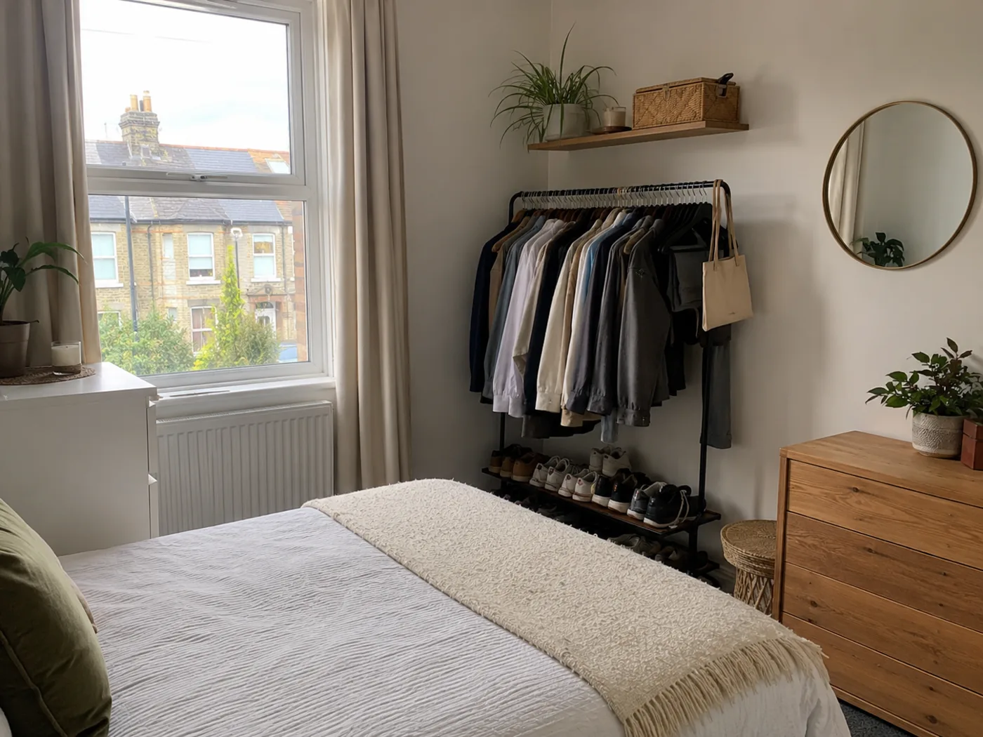 Freestanding clothing rail with clothes and mirror in bedroom