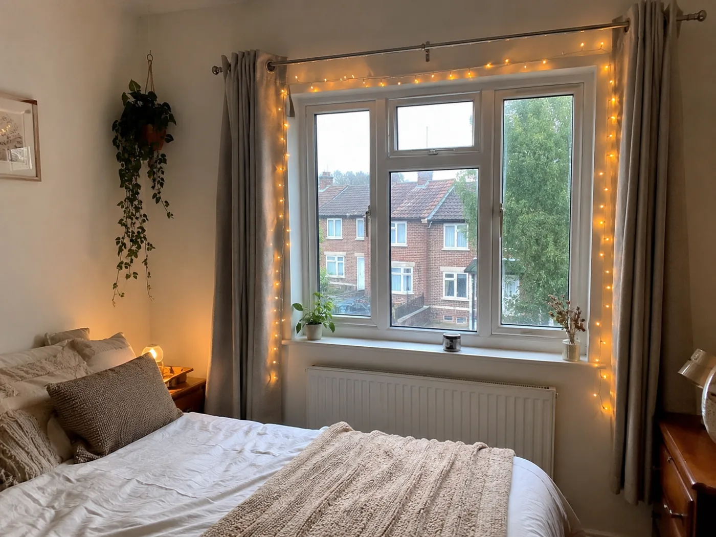 Fairy lights hung around bedroom window frame using adhesive clips