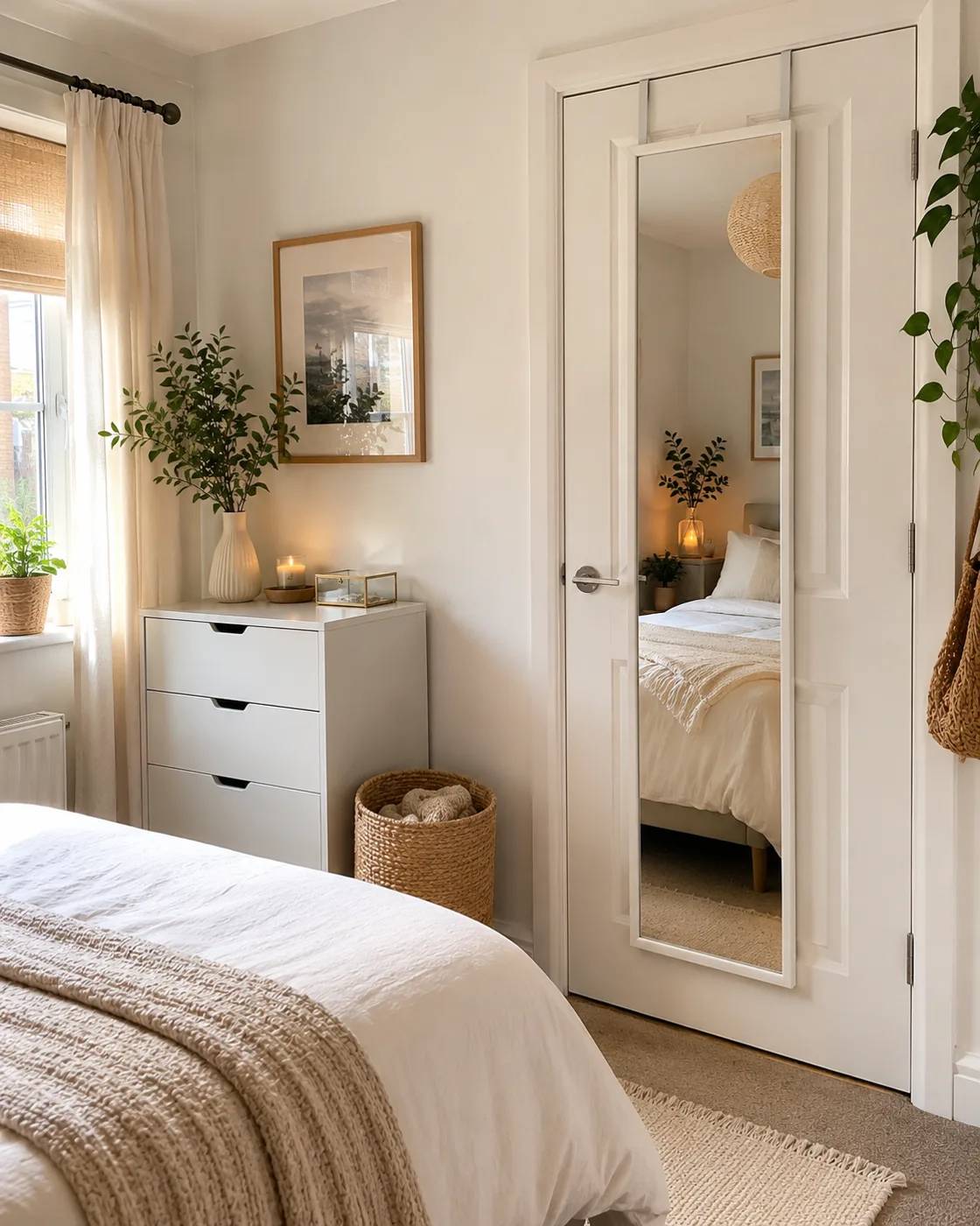 Over-door full length mirror on white bedroom door
