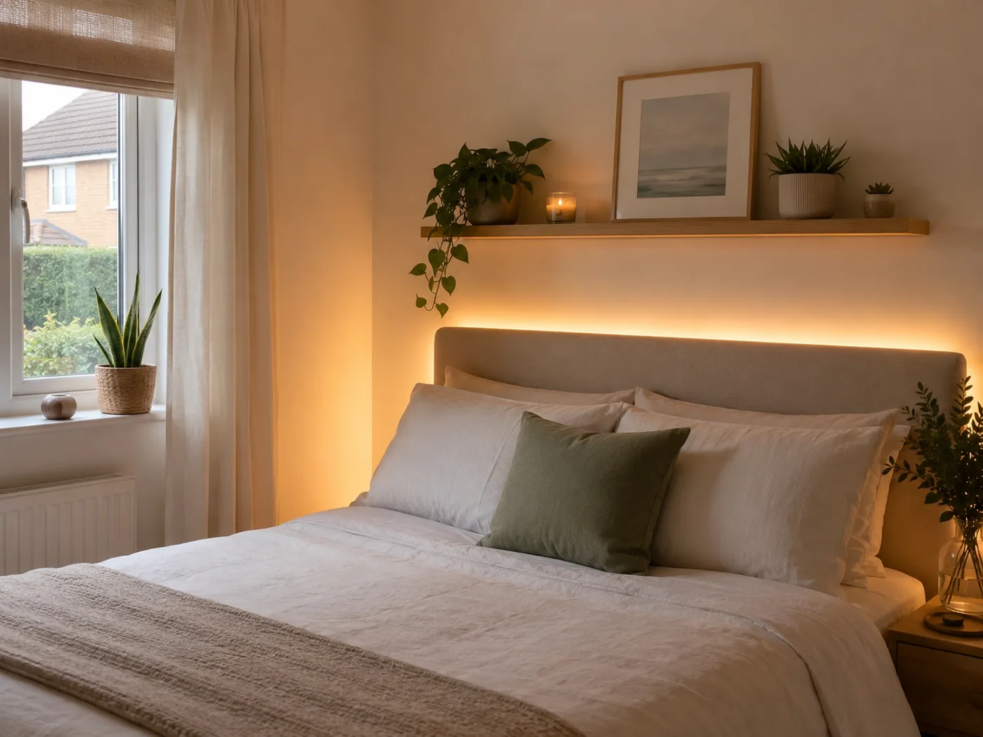 LED strip lights behind headboard giving warm glow in bedroom