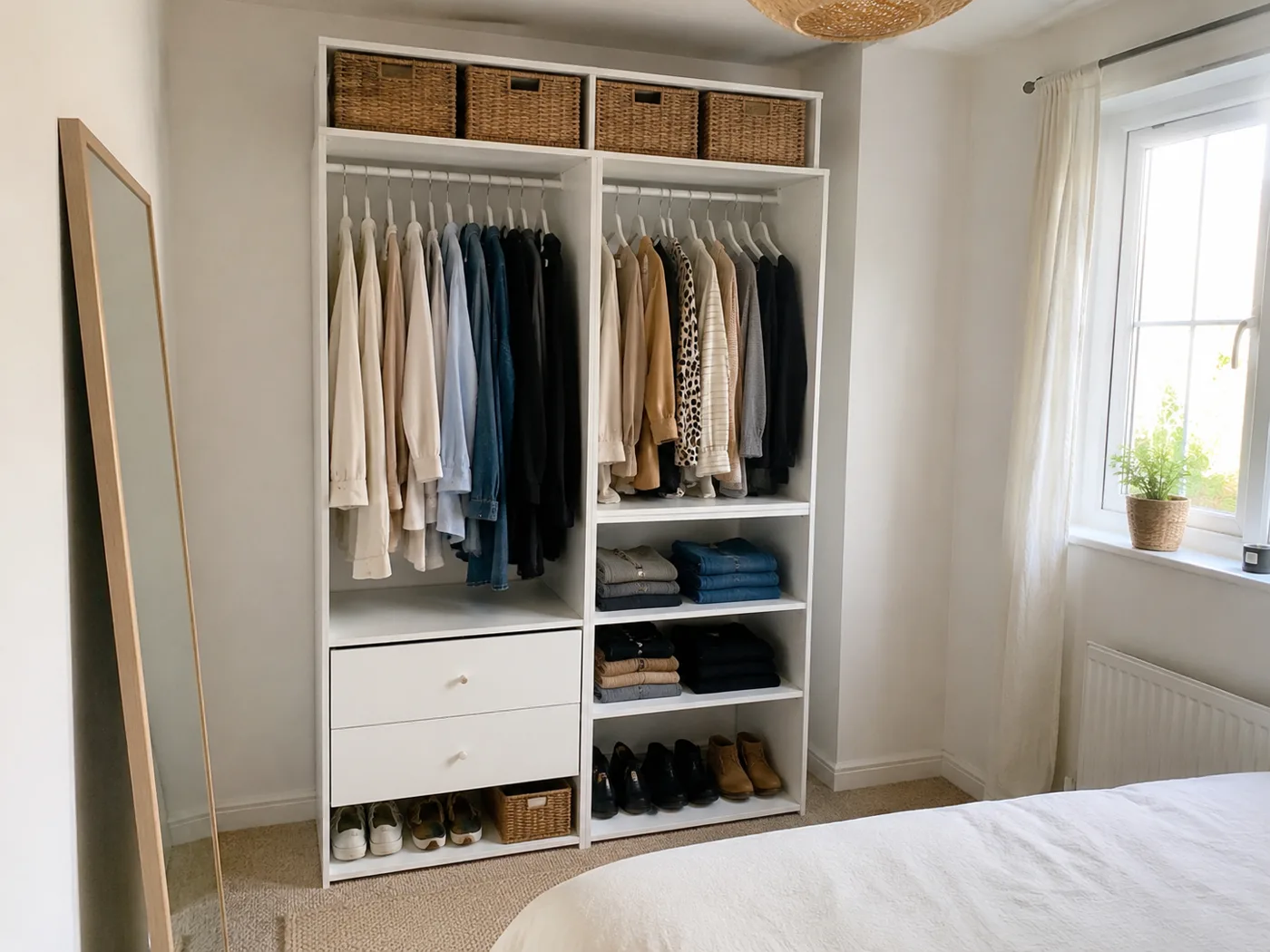 Freestanding wardrobe unit with organised clothes visible