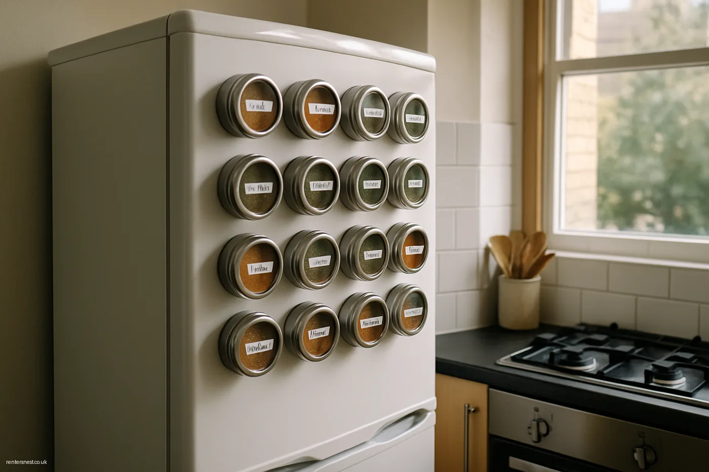 Magnetic Spice Tins on the Fridge Side