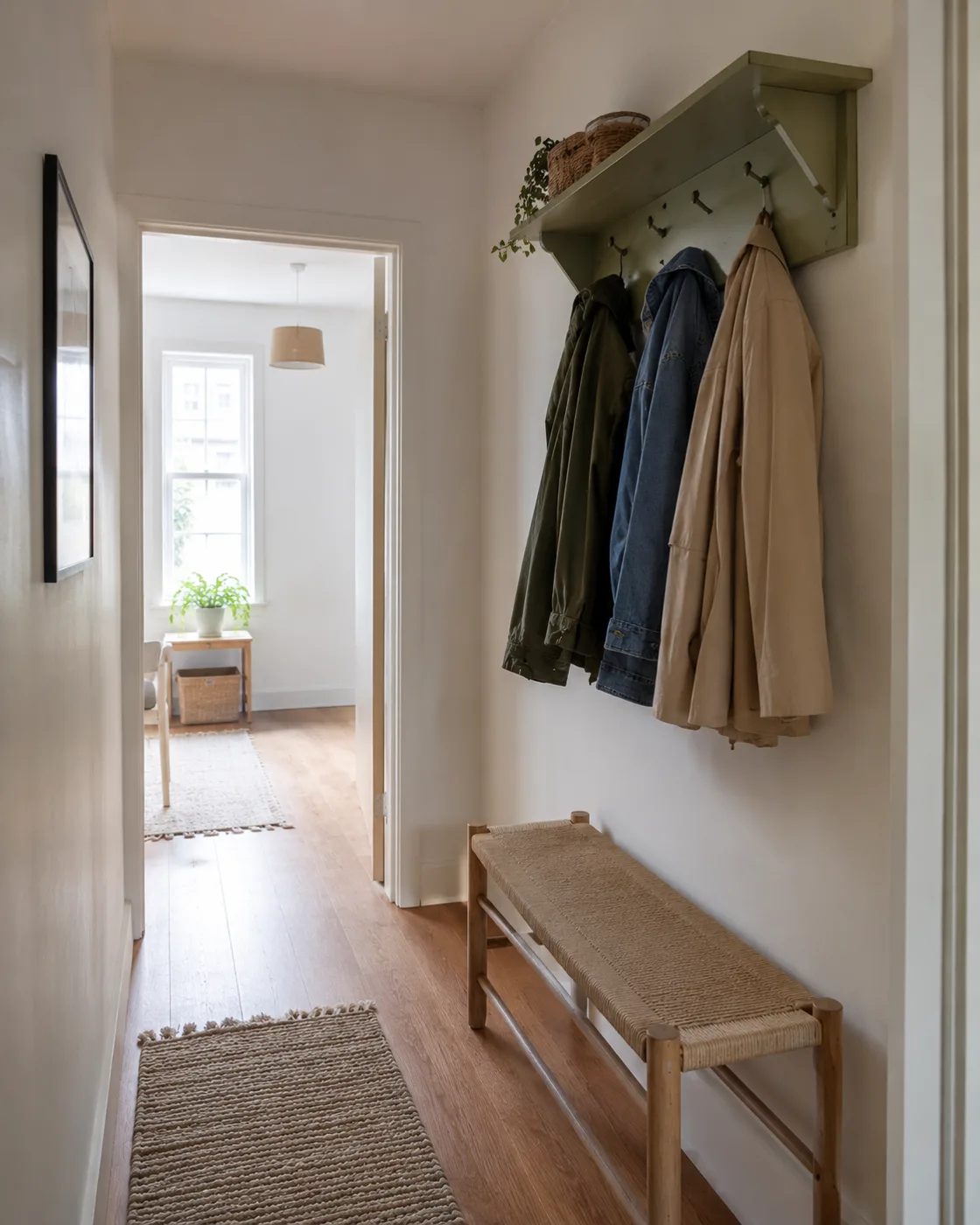 Sage green coat rack with jackets hanging in hallway