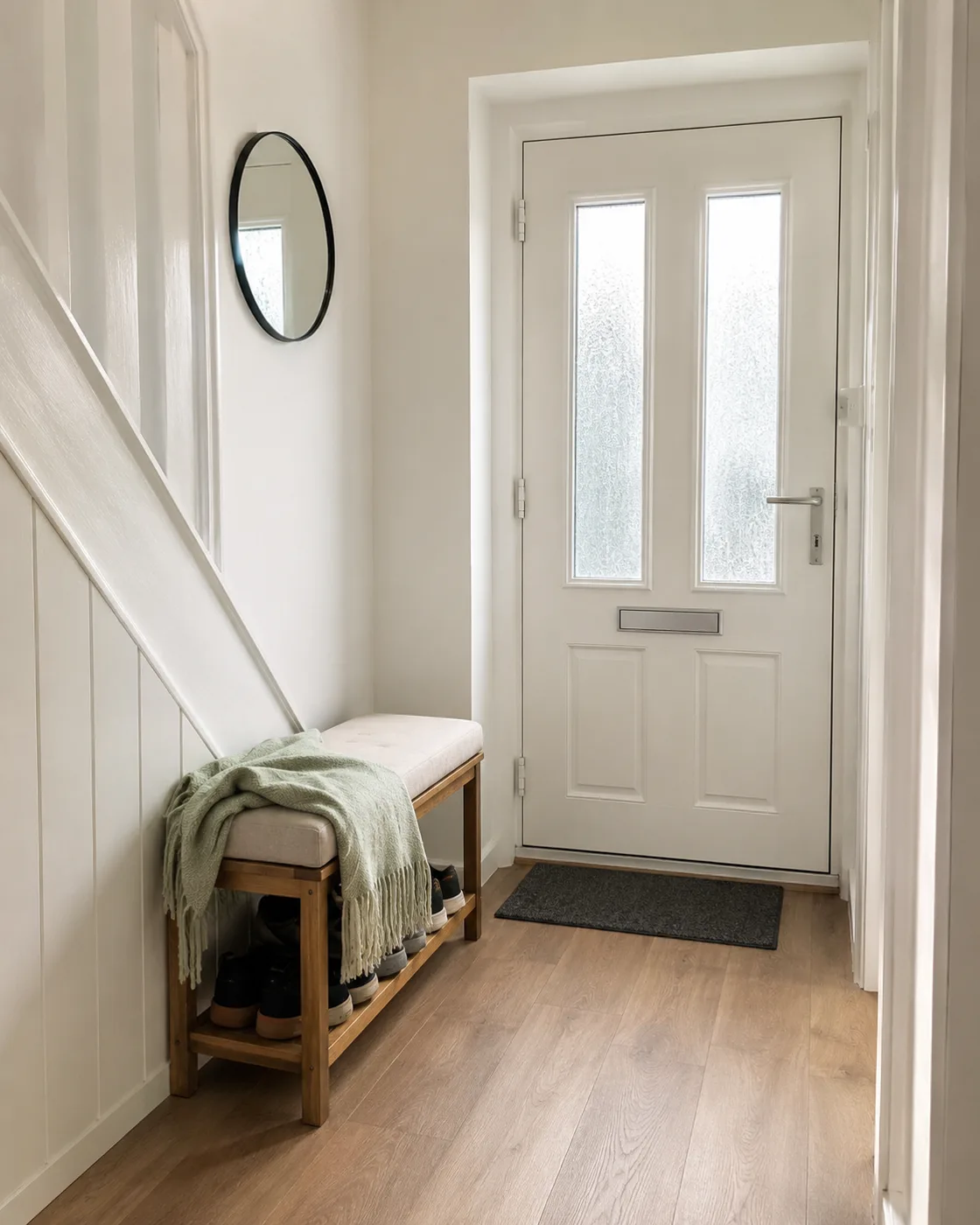 Sage green throw draped over hallway bench with shoes underneath