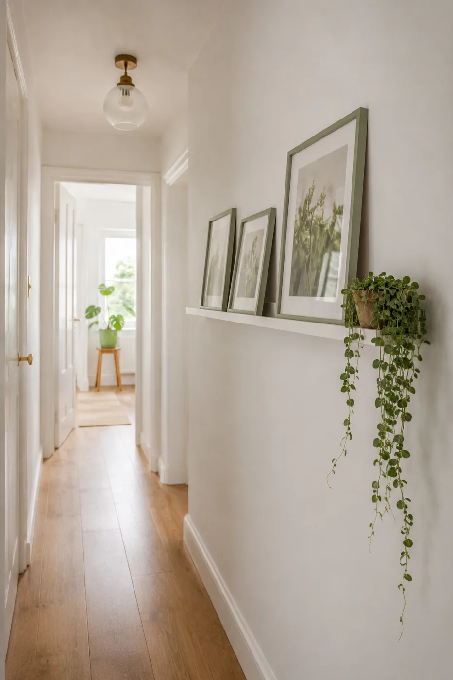 Sage green picture ledge shelf with trailing plants and frames in hallway