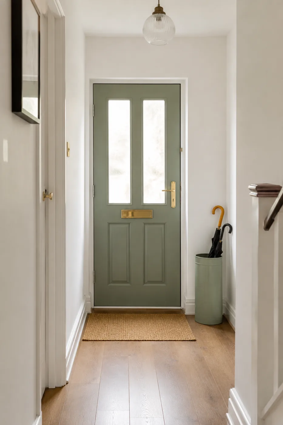 Sage green front door with brass handle and white walls in hallway