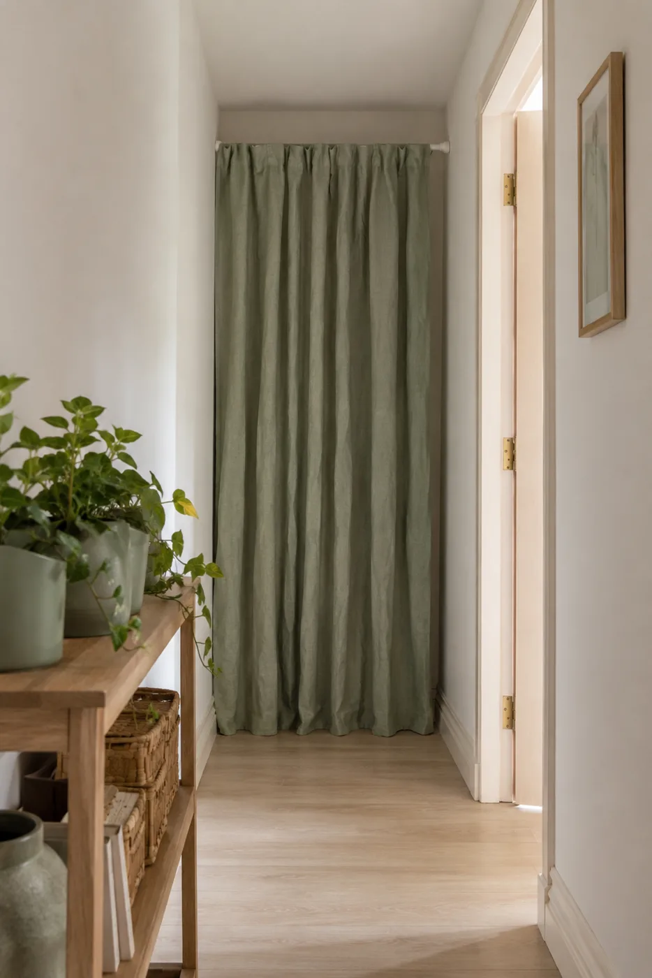 Sage green curtain on tension rod in hallway with plants
