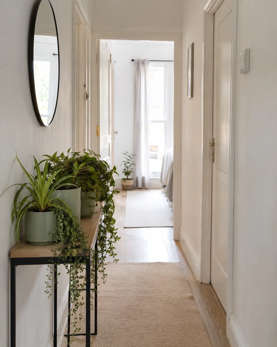Sage green plants and trailing vines on console table with mirror in hallway