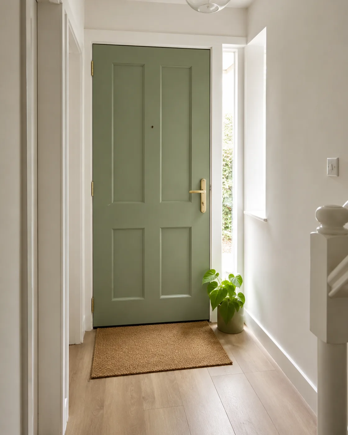Sage green front door with plant and jute doormat in hallway
