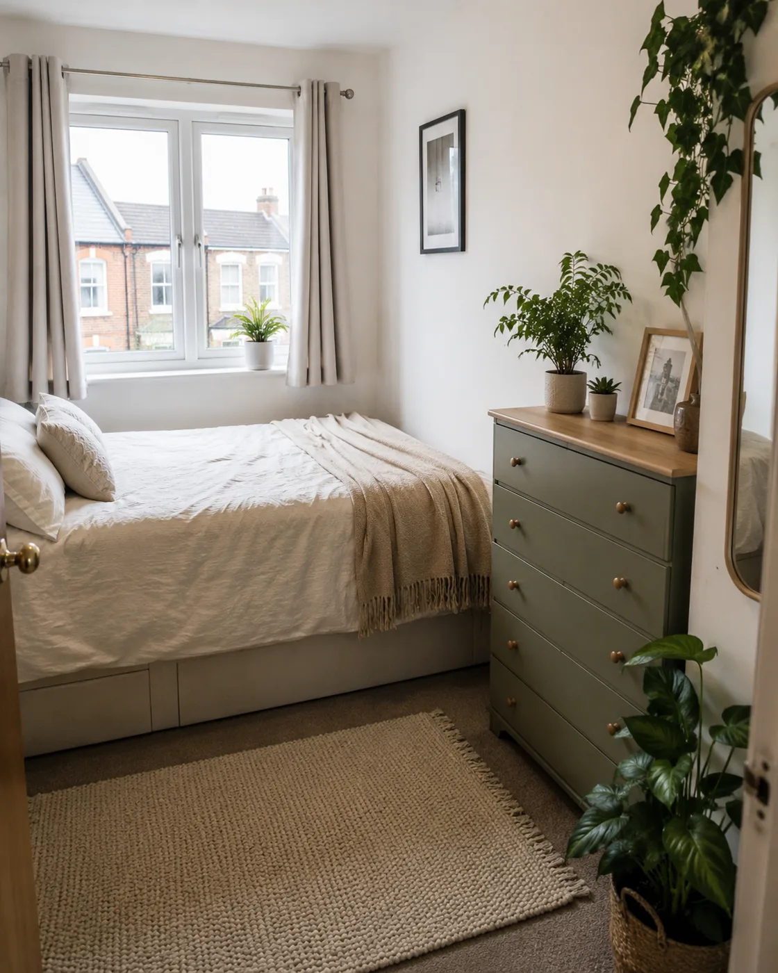 Sage green plants beside chest of drawers in small bedroom